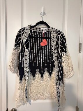 Lace Trim Open Front Tunic Black and Cream Dressy Funky Fun